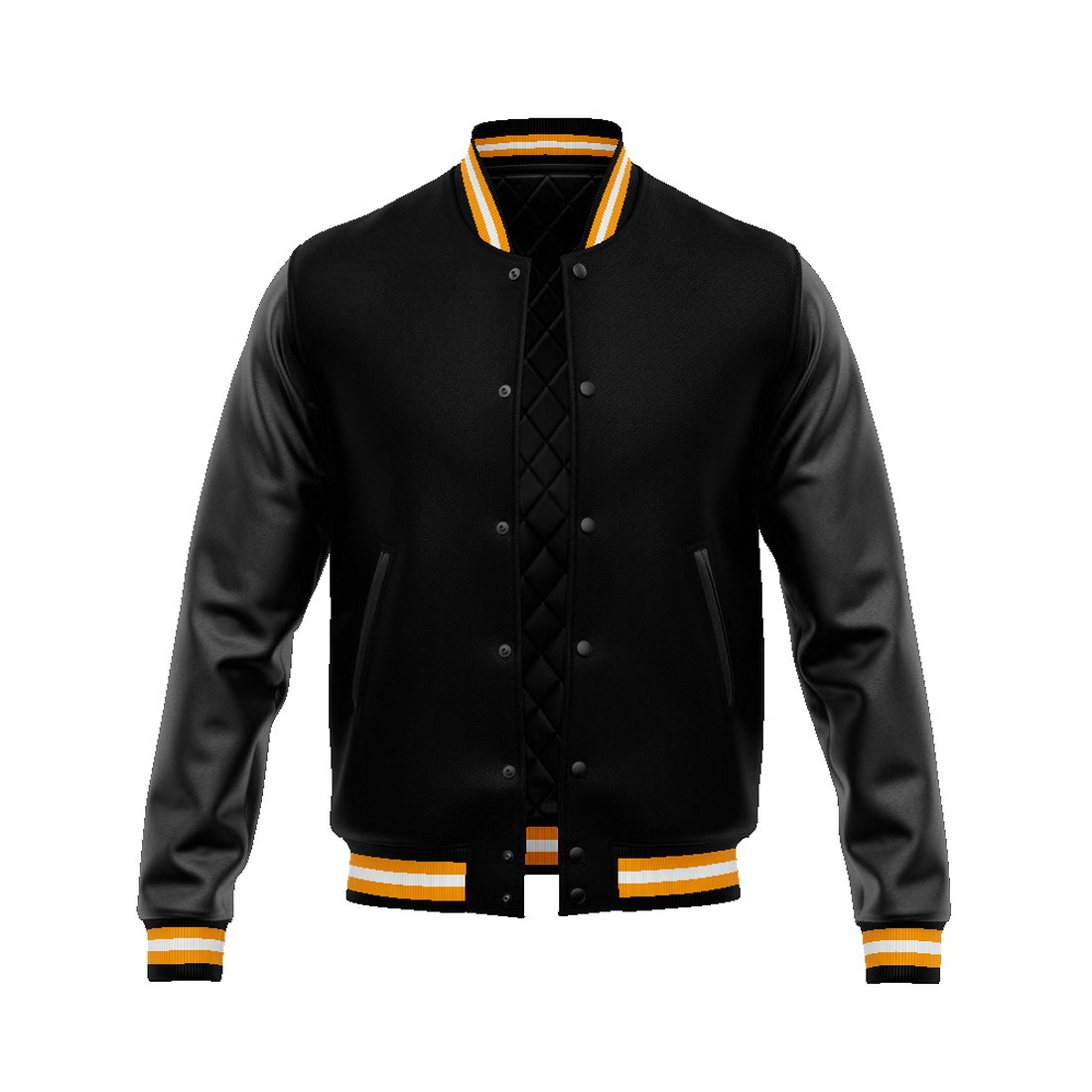 Black melton wool varsity jacket with white leather sleeves, front view